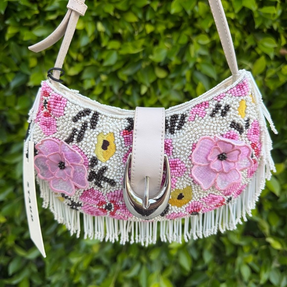 STAUD Handbags - STAUD Alana Shoulder Bag Floral Beaded Shoulder Bag - Pink & White